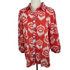Soft Surroundings Shirt Large Orange & White Ikat Button-Up 3/4 Sleeve Boho